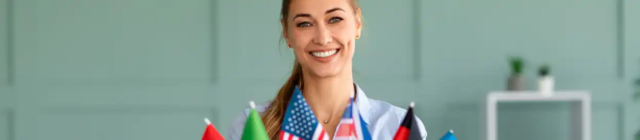 a woman with several national flags